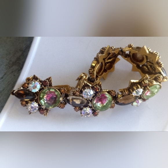 Florenza Watermelon Glass AB Rhinestones Link Signed Vintage 1960's Bracelet - Picture 6 of 16